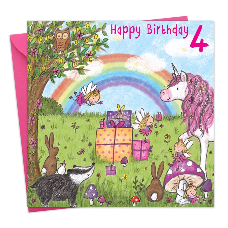 Twizler 4th Birthday Card for Girl with Unicorn - Girls Age 4 Year Old Childrens Happy Birthday Card Gifts - Image 1
